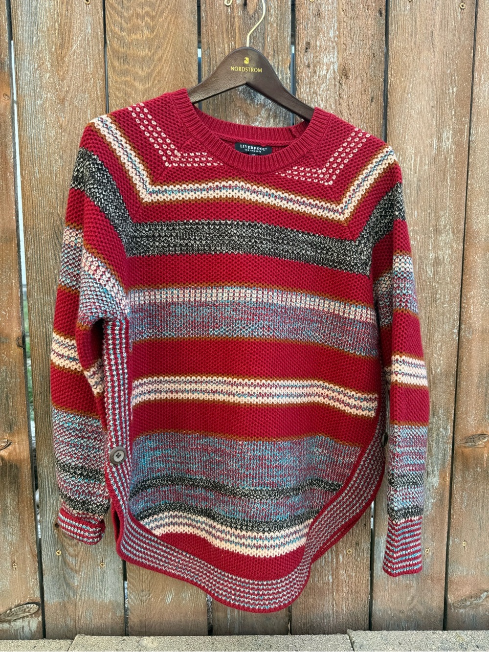 Liverpool Womens Red Gray Stripe Round Hem Crewneck Sweater Size Medium